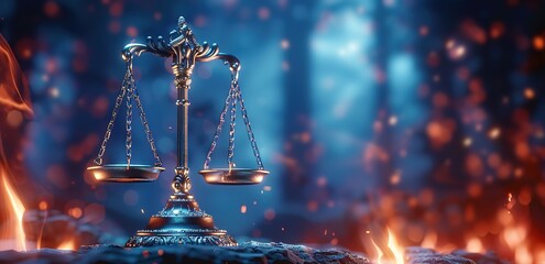 Illustration of a golden yellow court scale on wood with a burning fire in the forest as a background