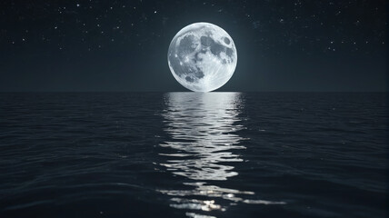 The moon's reflection shimmering on the surface of a calm sea, creating a magical nighttime scene, Generative AI