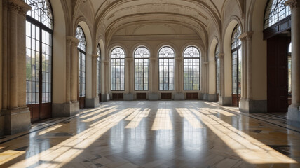 Obraz premium An empty historic hall bathed in sunlight streaming through tall arched windows, casting intricate shadows on the marble floor, Generative AI