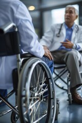 Fototapeta premium A person in a wheelchair having a conversation with a doctor