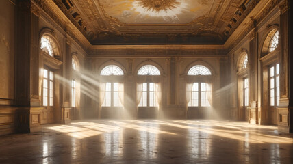 Obraz premium Sunlight flooding an abandoned grand ballroom, illuminating dust particles dancing in the air, Generative AI