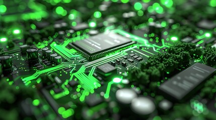 Close-up of circuit board with glowing green lines, high-tech computing power