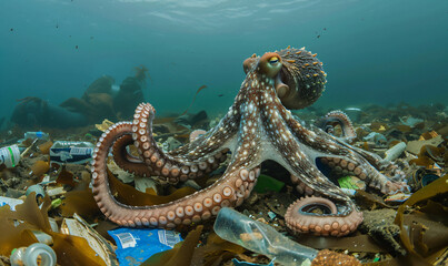 Obraz premium Octopus navigating through a sea of plastic waste, highlighting the severe impact of marine pollution on ocean ecosystems and the urgent need for environmental conservation efforts