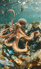 Fototapeta premium Octopus navigating through a sea of plastic waste, highlighting the severe impact of marine pollution on ocean ecosystems and the urgent need for environmental conservation efforts