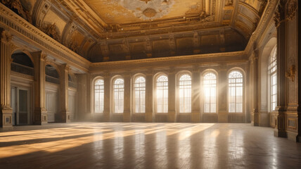 Obraz premium Sunlight flooding an abandoned grand ballroom, illuminating dust particles dancing in the air, Generative AI