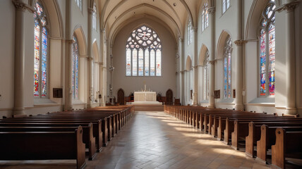 Light-filled empty church nave with high ceilings and tall windows, creating a tranquil and reverent atmosphere, Generative AI