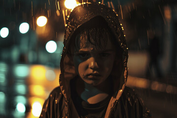 Fototapeta premium Poor little kid lost in big city forest woods airport street, Generative AI modern technology picture
