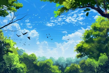 make a green scenery with blue sky, trees and birds, very realistic 