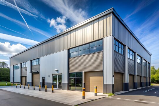 Exterior of a modern warehouse with a small office unit