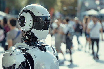 Fototapeta premium Generative AI creative picture Robot cyborg in activities of daily life routine living together with people