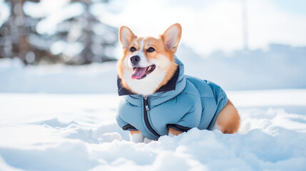 Cute dog in a warm jacket and hood walks in a winter park	
