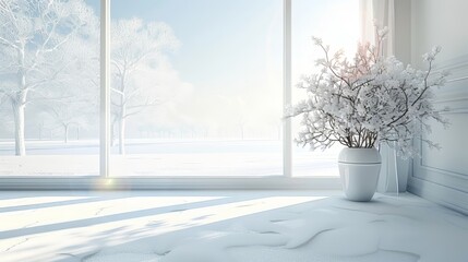 Fototapeta premium Winter Window View With White Flowers