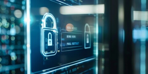 Obraz premium High-Tech Interface with Network Security, Network, Dynamic and Dramatic Composition, Copy Space，The dynamic elements and dramatic lighting create a sense of urgency and importance, emphasizing the c