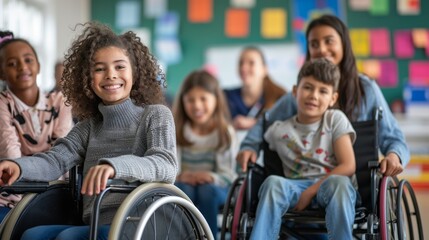 Obraz premium Diverse Children In A Classroom, Some In Wheelchairs, Smiling And Engaged. Education, Accessibility