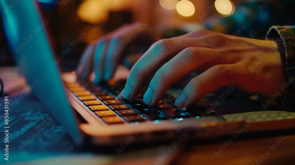 Aufkleber Close up of freelancers developer hands typing program code on laptop keyboard in coworking Businessman at work in working in office Copywriter writing text on computer keyboard in cof : Generative AI