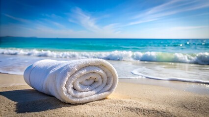 White Towel Rolled Up On Beach With Ocean Waves In Background