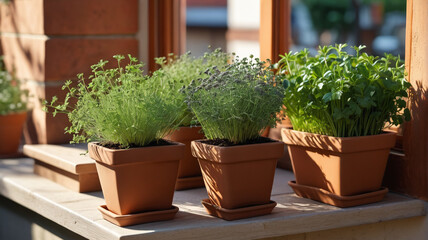 Fototapeta premium Sunlit herb garden with thyme, parsley, and chives, flourishing in terracotta pots on a charming windowsill, Generative AI