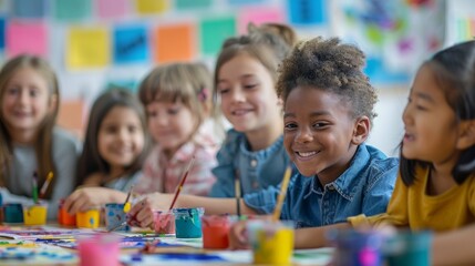 Fototapeta premium Group Of Diverse Smiling Children In Classroom, Engaged In Art Activities. Bright School Atmosphere