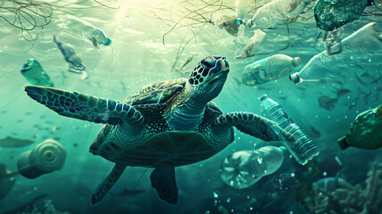 Fototapeta premium Marine turtle navigating through ocean garbage, showcasing the environmental crisis of plastic pollution and its detrimental effects on sea life and ecosystems