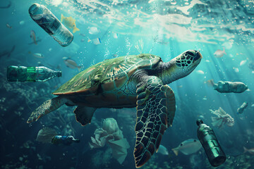Fototapeta premium Marine turtle navigating through ocean garbage, showcasing the environmental crisis of plastic pollution and its detrimental effects on sea life and ecosystems