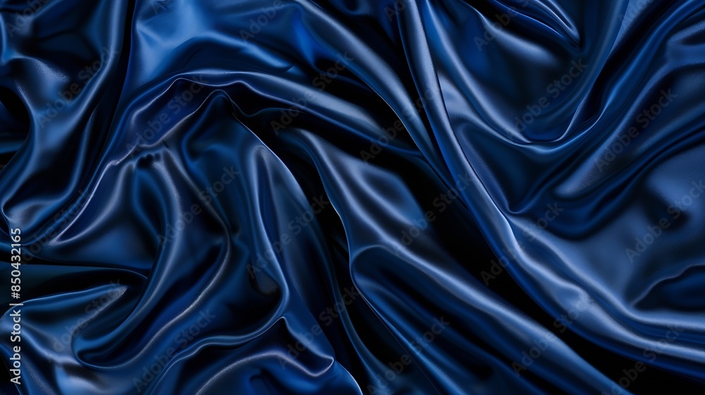 Poster beautiful dark blue silk satin background soft folds on shiny fabric luxury background with space fo