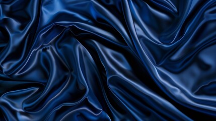 Fototapeta premium Beautiful dark blue silk satin background Soft folds on shiny fabric Luxury background with space for design Web banner Flat lay Table top view Christmas Valentines Day : Generative AI