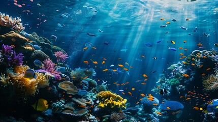 underwater coral reef landscape 16to9 background  in the deep blue ocean with colorful fish and marine life : Generative AI