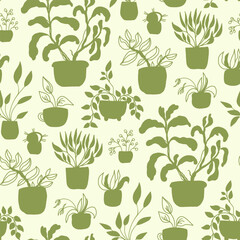 Potted plants seamless pattern. My home garden green decor. Flat vector illustration for paper, fabric, textile printing.