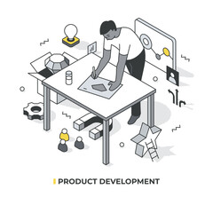 Man leans over a table, sketching new product with the target audience in mind, relying on marketing data. Depicts new product development, idea phase, and marketing strategy. Isometric illustration