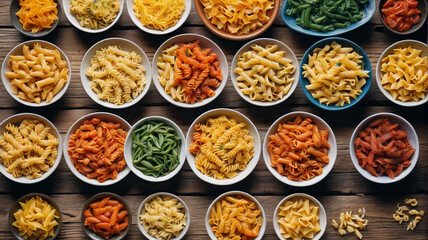 A colorful array of pasta varieties, including fusilli, penne, and spaghetti, arranged in bowls on a rustic wooden table, Generative AI