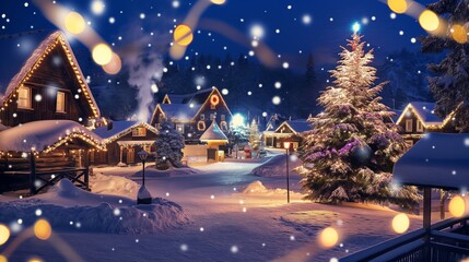 Picturesque snowy village scene at night, illuminated by warm, glowing lights. Charming cottages with snow-covered roofs, decorated with twinkling Christmas lights. A large, decorated Christmas tree 