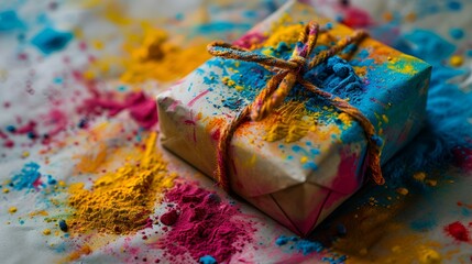 A vibrant gift wrapped in colorful paper, tied with a rope.

