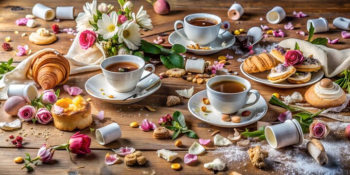 Artistic Still Life Of A Messy Table After Eating Croissants And Drinking Tea With Flowers And Nuts Scattered On The Table.