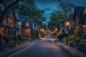 A row of houses with a street in the background