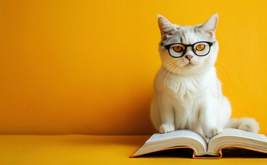 A funny white cat with glasses and a book on a yellow background. World Book Dae. Cute character for promotional products, banners, posters, postcards..National Book Lovers Day. Copy space.