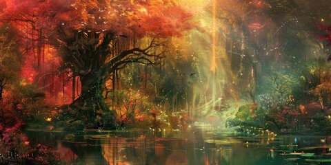 Naklejka premium Magical Sunset in Fantasy Forest