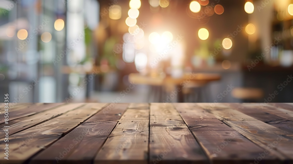 Poster Empty wooden table space platform and blurred cafe or restaurant background for product display montage : Generative AI
