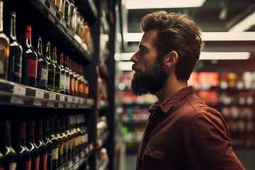 Generative AI image of young man explores a wine store rows