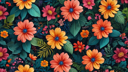 An exquisite floral print with vividly colored flowers and luxuriant leaves, imbuing elegance and charm into any setting, Generative AI