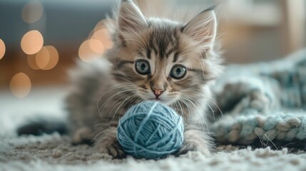 AI-generated illustration of an adorable kitten playing with a blue ball of yarn on a cozy rug