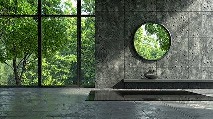 Naklejka premium Cozy Bathroom with Wooden Vanity and Green Plants in Natural Light