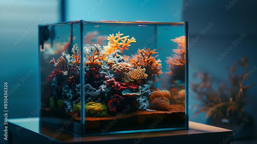 Sticker Beautiful aquarium on table in room : Generative AI - Stickers