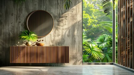 Obraz premium Minimalist Concrete Bathroom with Large Window Overlooking Forest