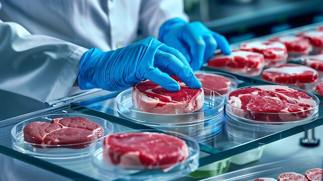 Scientist analyzing cultured meat samples in petri dishes, lab-grown meat, sterile lab environment, biotechnology
