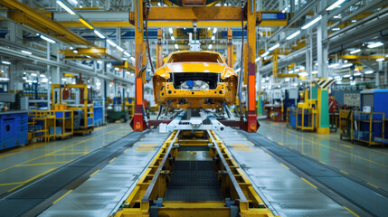 Naklejka premium Production line automobile factory. Assembly modern, automated machinery. Industrial background innovation in engineering, and artificial intelligence futuristic auto manufacturing.