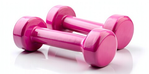 A pair of pink dumbbells on a white background.