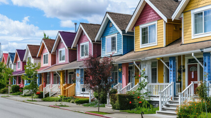 Row of colorful houses on a street. Charming of maritime heritage, painted facades, and quaint entrances. Just the scenic village.