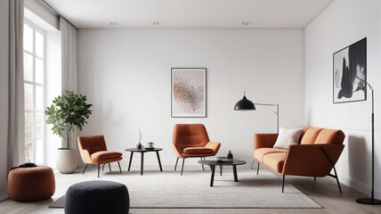 Fototapeta premium A stylish minimalist living room design with a cozy armchair set against a clean white wall backdrop, offering a harmonious blend of comfort and sophistication, Generative AI