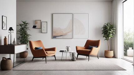A stylish minimalist living room design with a cozy armchair set against a clean white wall backdrop, offering a harmonious blend of comfort and sophistication, Generative AI
