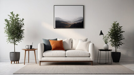 A serene living room setup with a minimalist armchair against a white wall background, accentuating clean lines and understated elegance, Generative AI